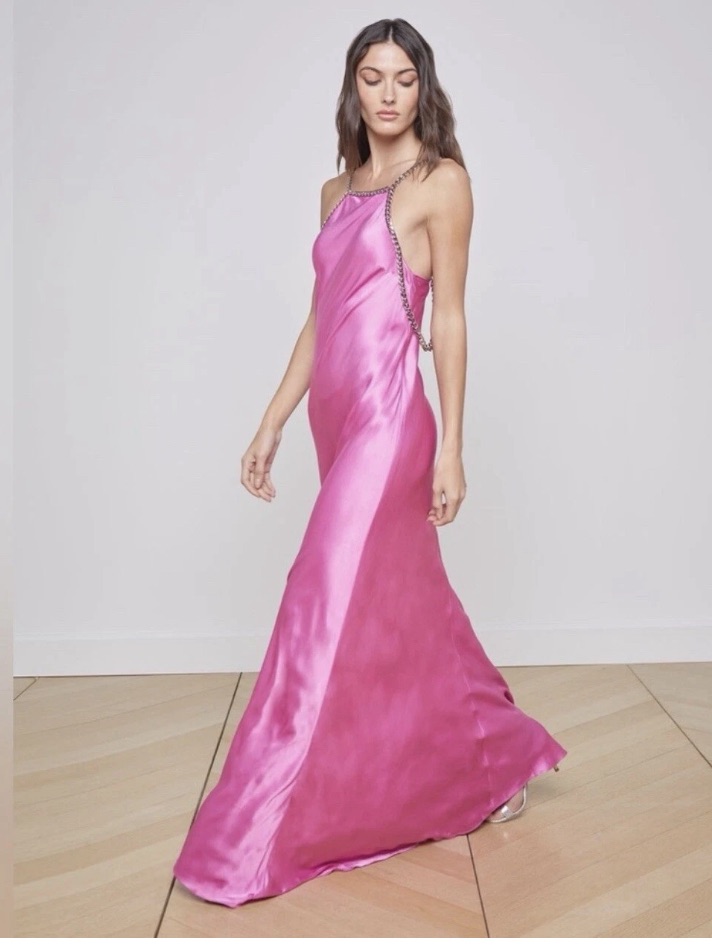 L'agence Hot Pink Satin Halter Maxi Gown With Chain Trim